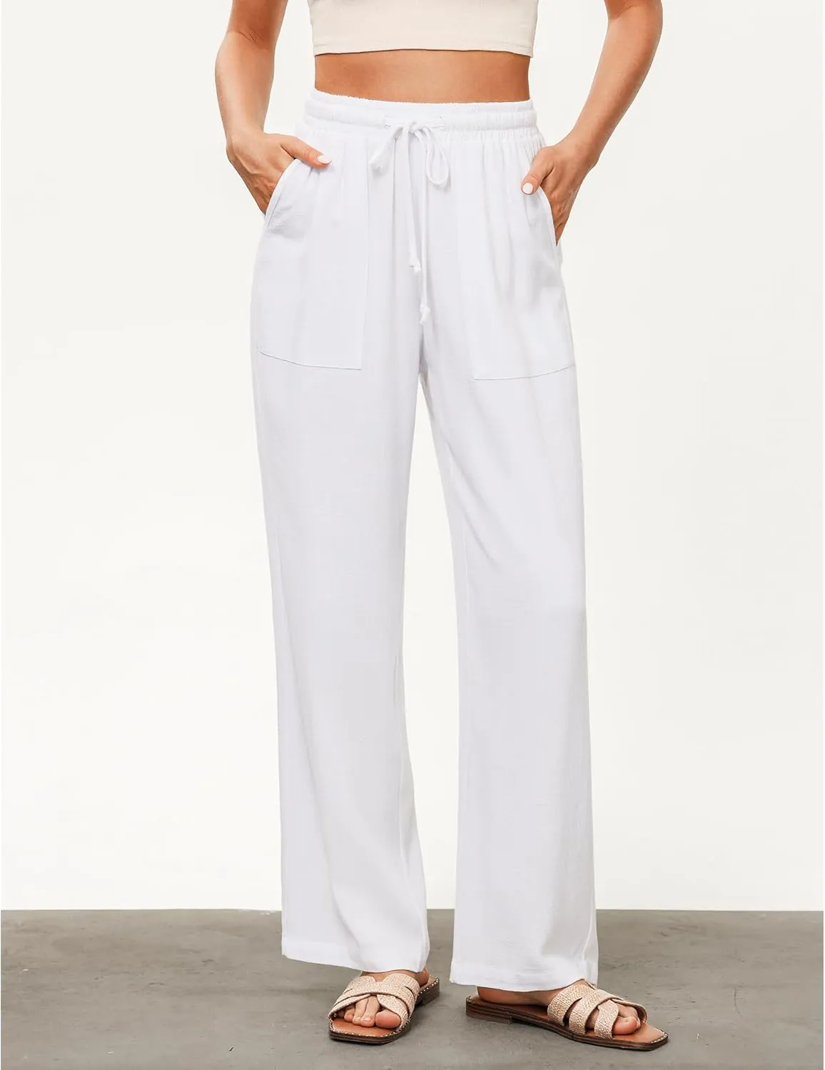 GRAPENT Linen Pants for Women Wide Leg High Waisted Baggy Drawstring Elastic Waist Palazzo Trousers Pants with Pockets