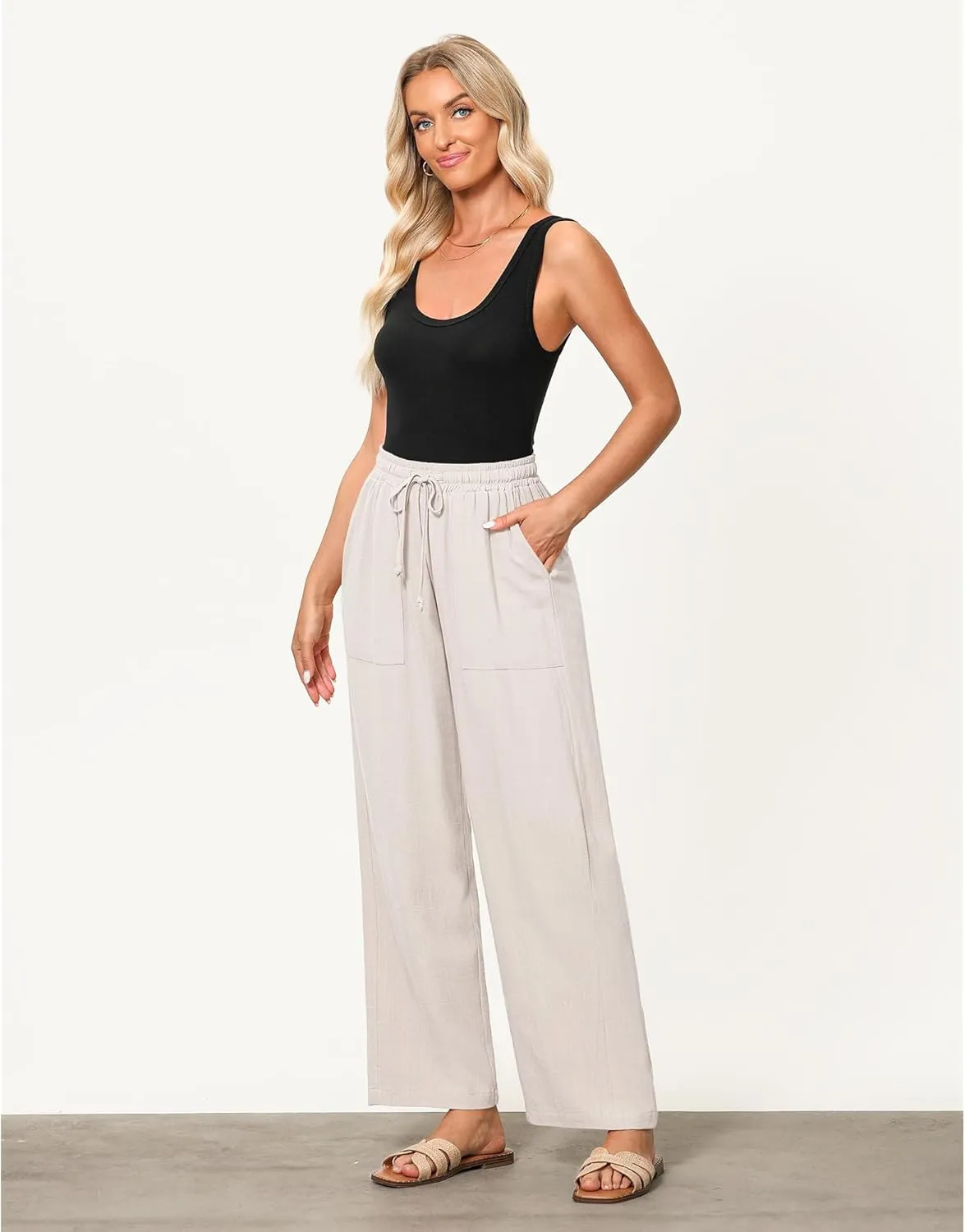 GRAPENT Linen Pants for Women Wide Leg High Waisted Baggy Drawstring Elastic Waist Palazzo Trousers Pants with Pockets