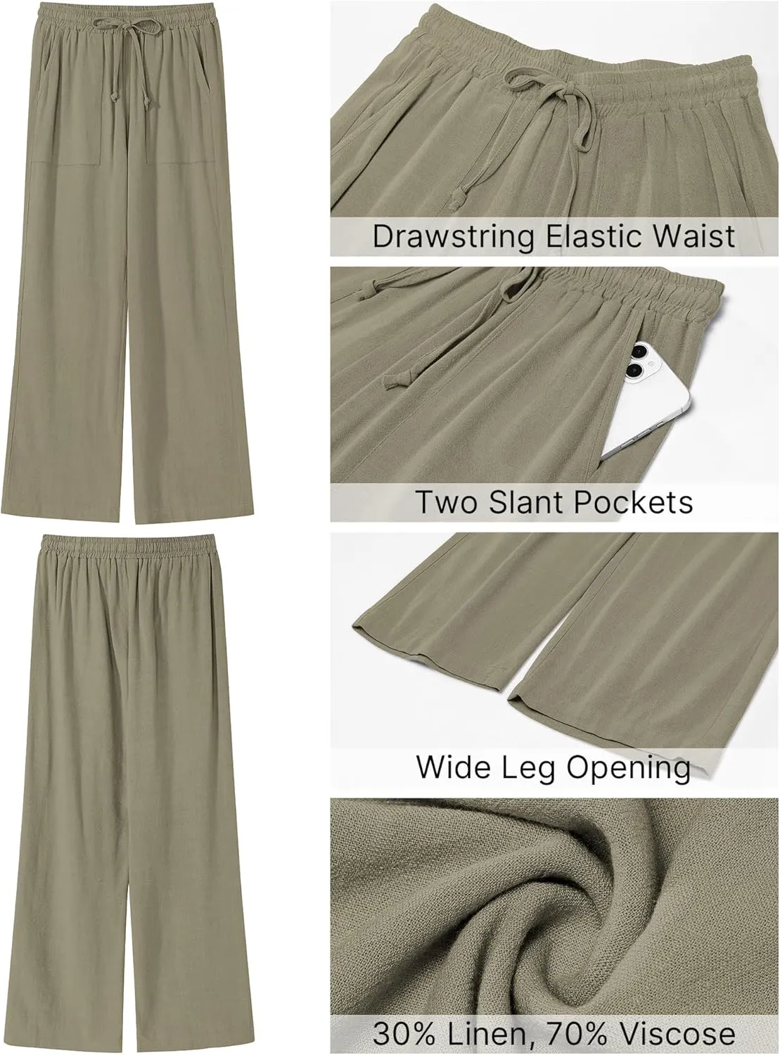 GRAPENT Linen Pants for Women Wide Leg High Waisted Baggy Drawstring Elastic Waist Palazzo Trousers Pants with Pockets