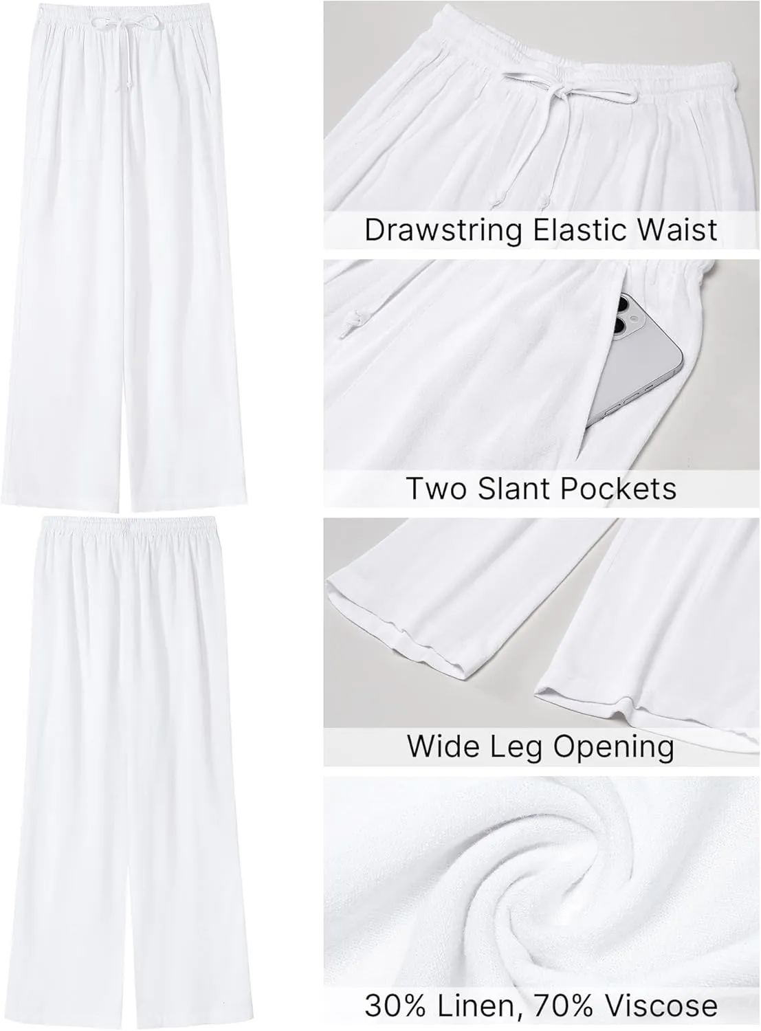 GRAPENT Linen Pants for Women Wide Leg High Waisted Baggy Drawstring Elastic Waist Palazzo Trousers Pants with Pockets