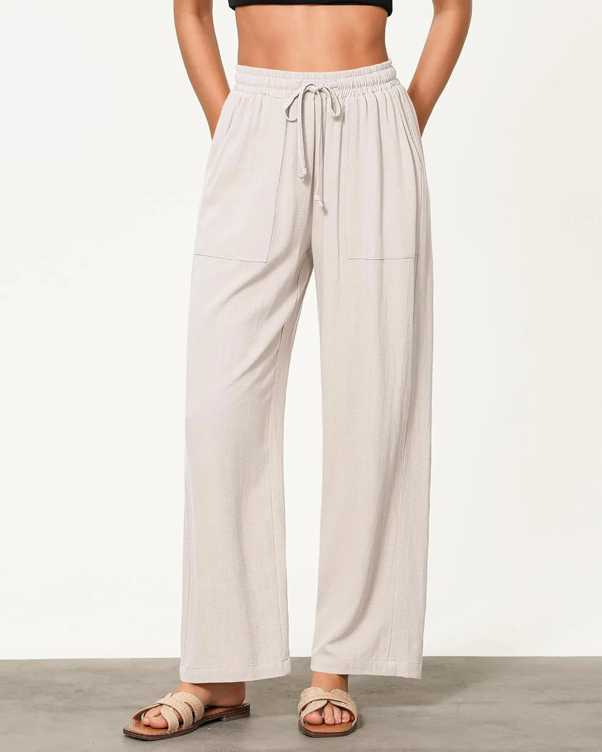 GRAPENT Linen Pants for Women Wide Leg High Waisted Baggy Drawstring Elastic Waist Palazzo Trousers Pants with Pockets
