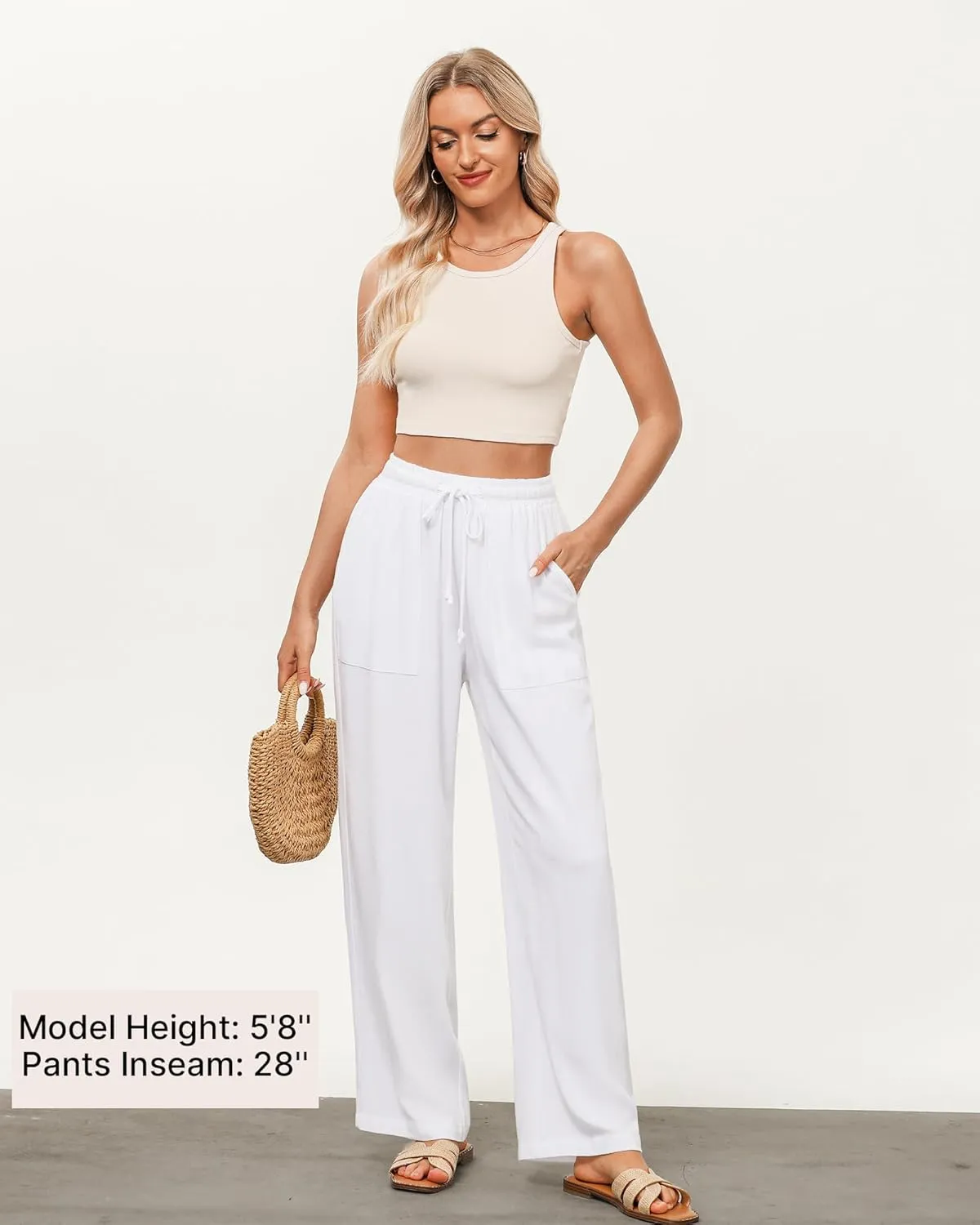 GRAPENT Linen Pants for Women Wide Leg High Waisted Baggy Drawstring Elastic Waist Palazzo Trousers Pants with Pockets