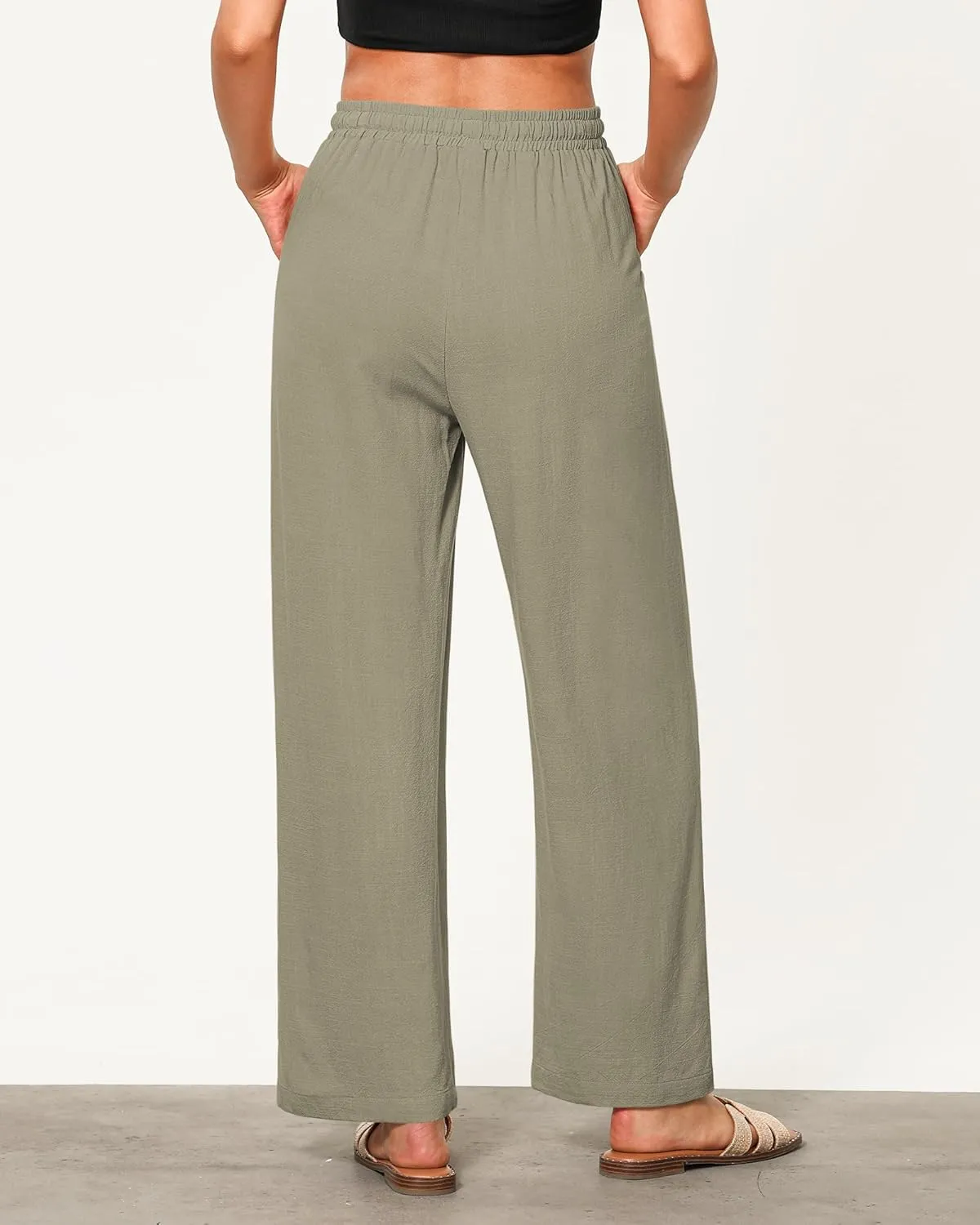 GRAPENT Linen Pants for Women Wide Leg High Waisted Baggy Drawstring Elastic Waist Palazzo Trousers Pants with Pockets