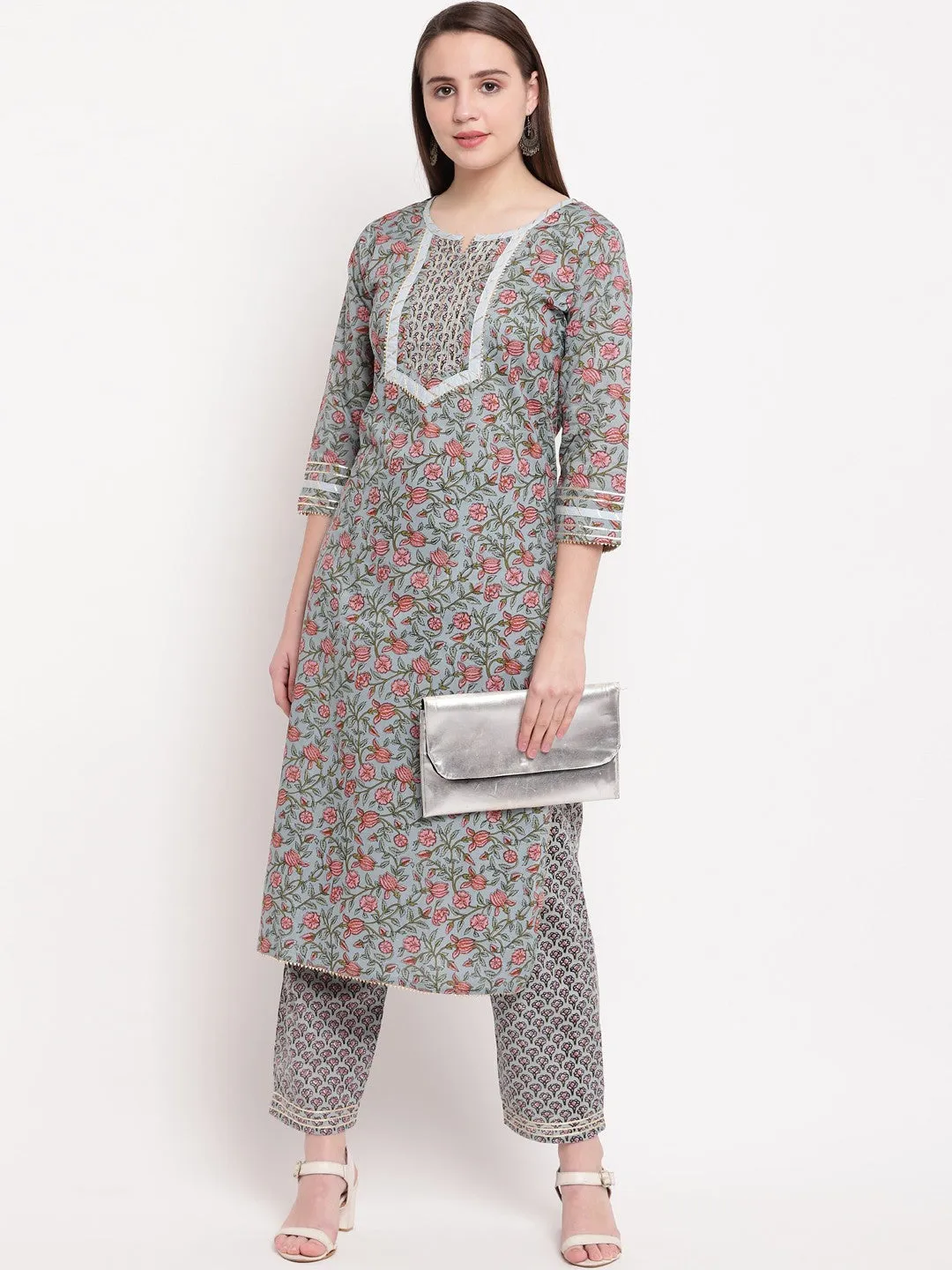 Grey Printed Straight cotton Kurti Pant