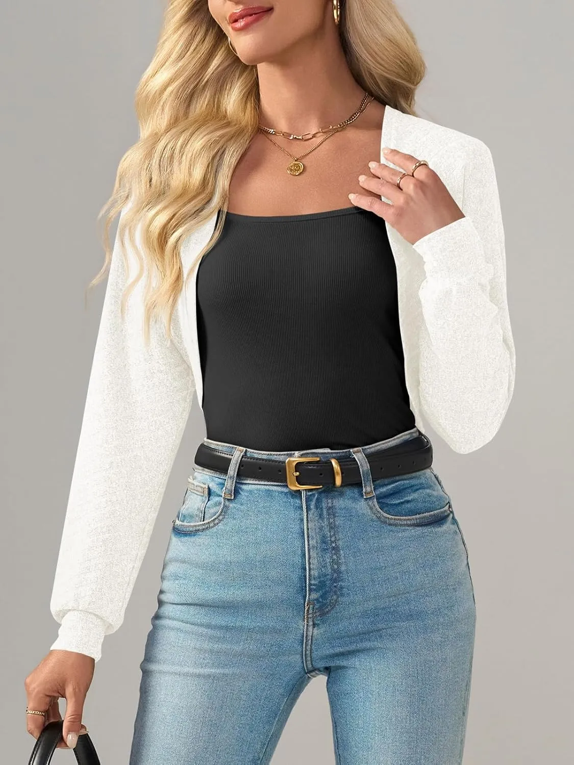 Imily Bela Women's Summer Cropped Cardigan Casual Long Sleeve Knit Sweaters Open Front Bolero Shrugs for Dresses