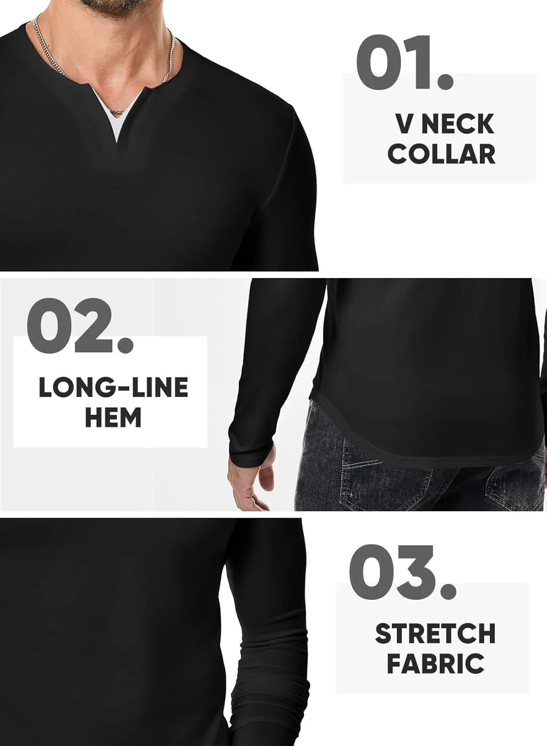 JMIERR Mens Casual Muscle T Shirt Long Sleeve V-Neck Longline Soft Tee Shirt