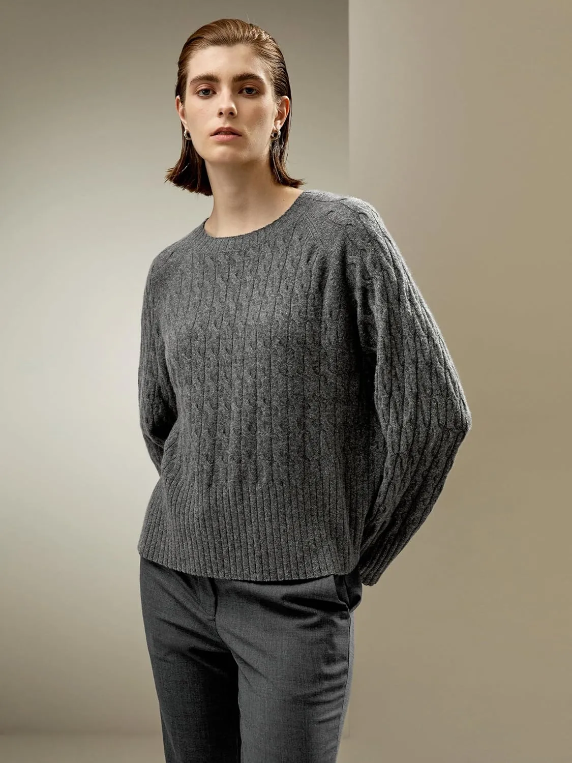 LilySilk 100% Baby Cashmere Cable Knit Sweater for Women Overisize Crew Neck Long Sleeves Pullover Jumper