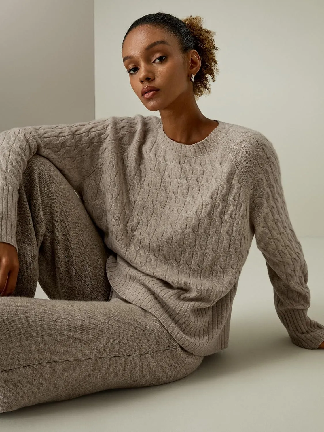 LilySilk 100% Baby Cashmere Cable Knit Sweater for Women Overisize Crew Neck Long Sleeves Pullover Jumper