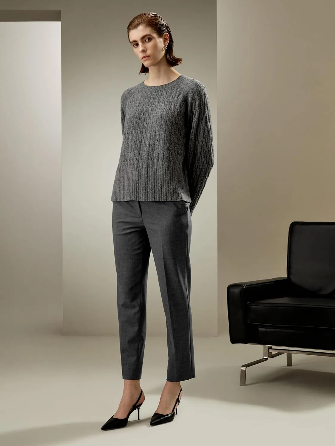 LilySilk 100% Baby Cashmere Cable Knit Sweater for Women Overisize Crew Neck Long Sleeves Pullover Jumper