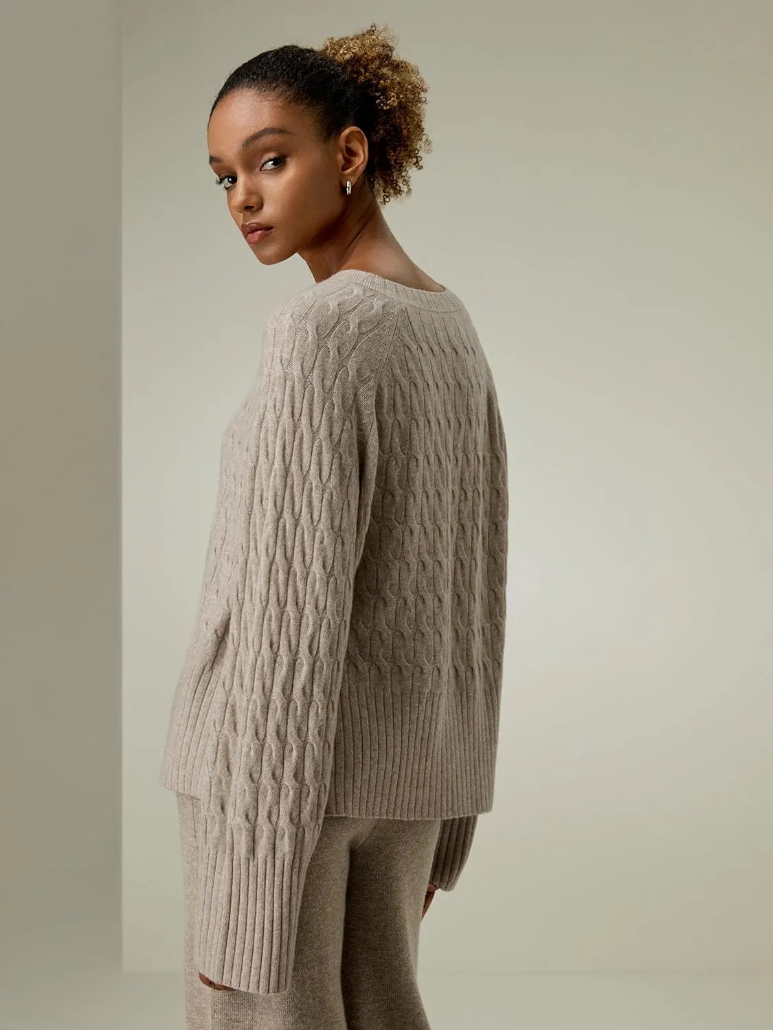 LilySilk 100% Baby Cashmere Cable Knit Sweater for Women Overisize Crew Neck Long Sleeves Pullover Jumper