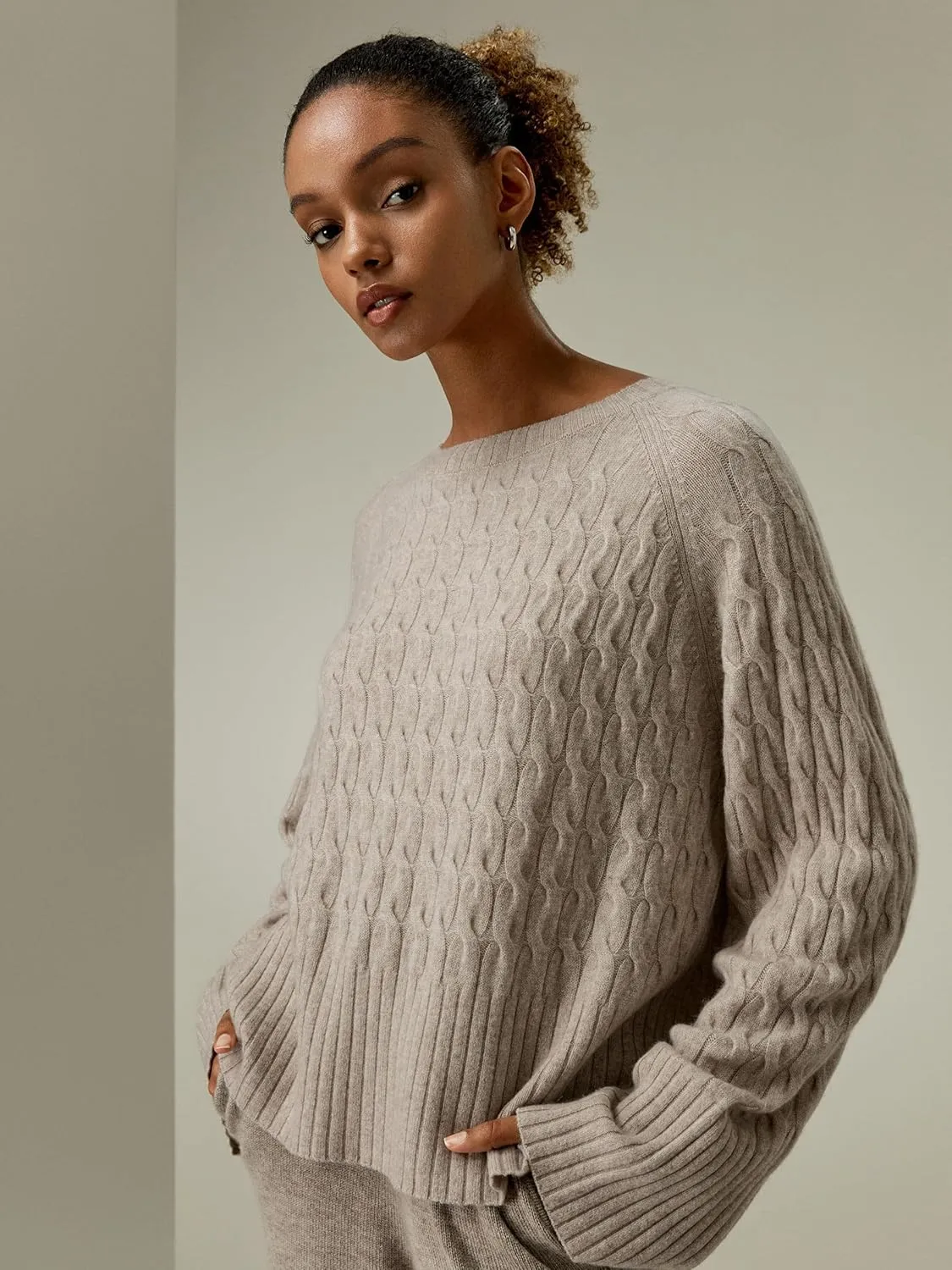 LilySilk 100% Baby Cashmere Cable Knit Sweater for Women Overisize Crew Neck Long Sleeves Pullover Jumper