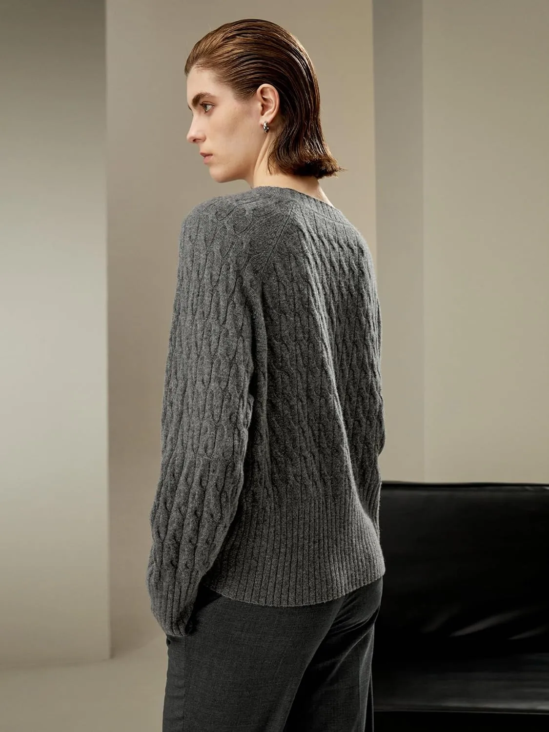 LilySilk 100% Baby Cashmere Cable Knit Sweater for Women Overisize Crew Neck Long Sleeves Pullover Jumper