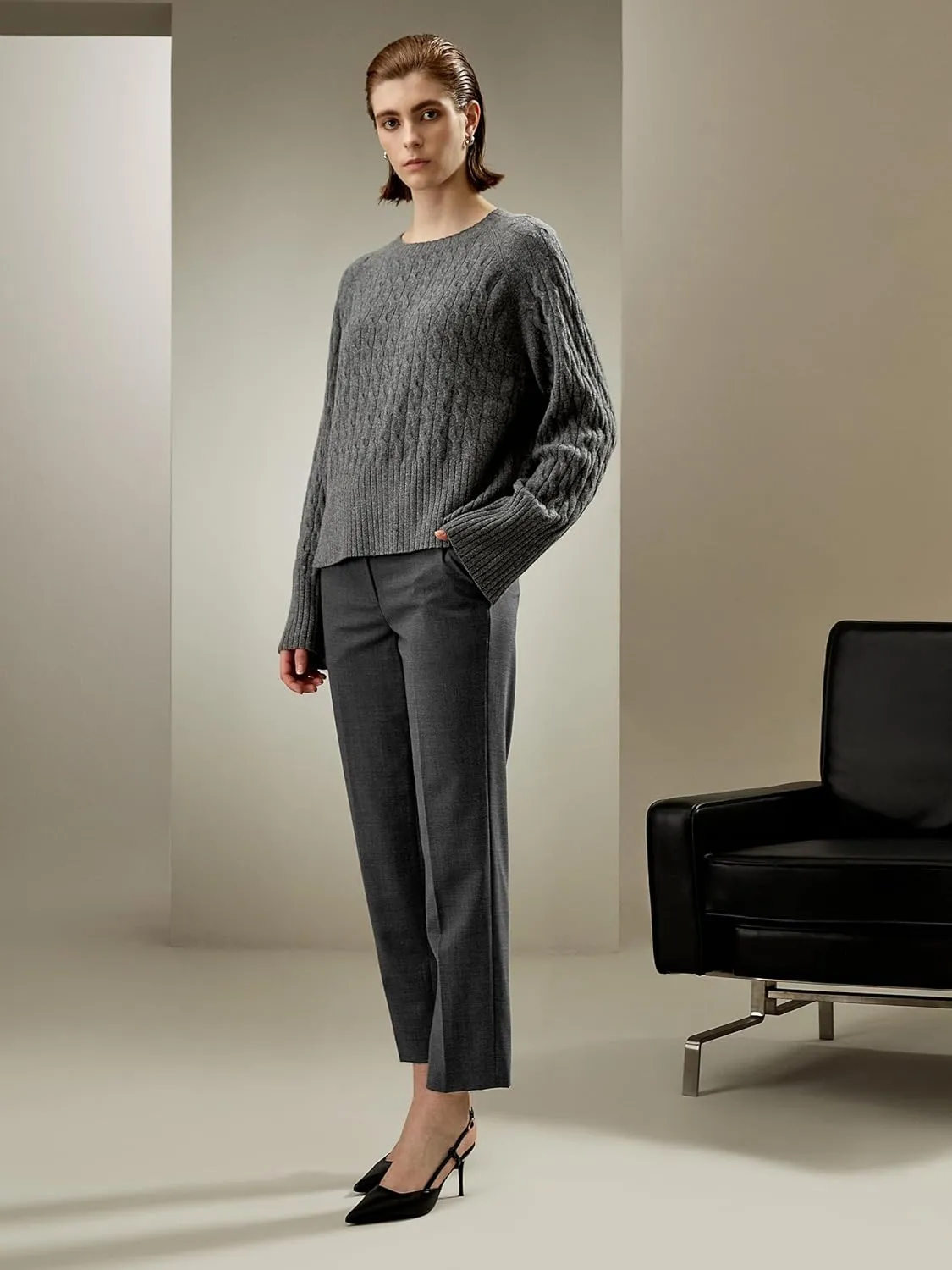 LilySilk 100% Baby Cashmere Cable Knit Sweater for Women Overisize Crew Neck Long Sleeves Pullover Jumper
