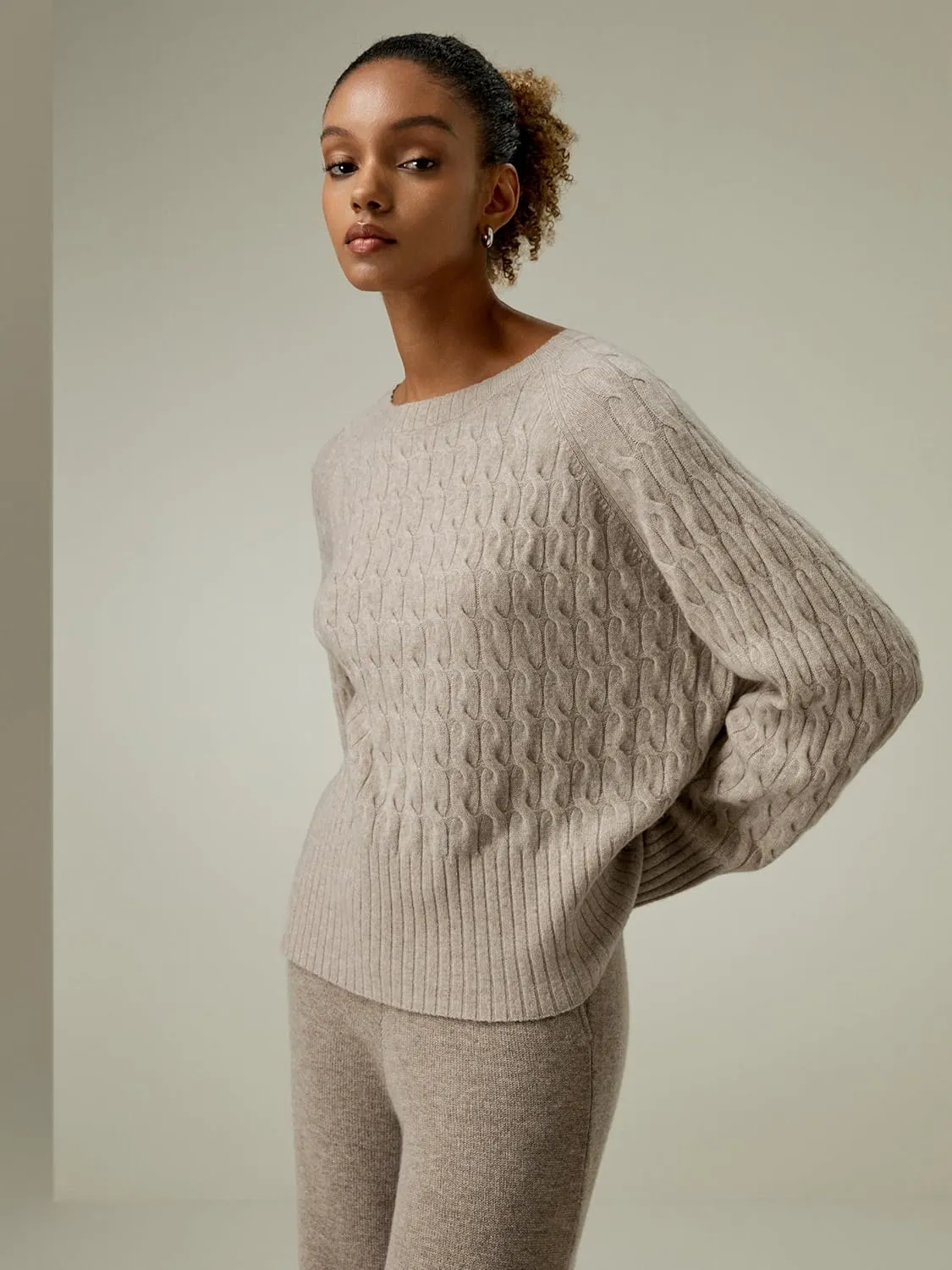 LilySilk 100% Baby Cashmere Cable Knit Sweater for Women Overisize Crew Neck Long Sleeves Pullover Jumper