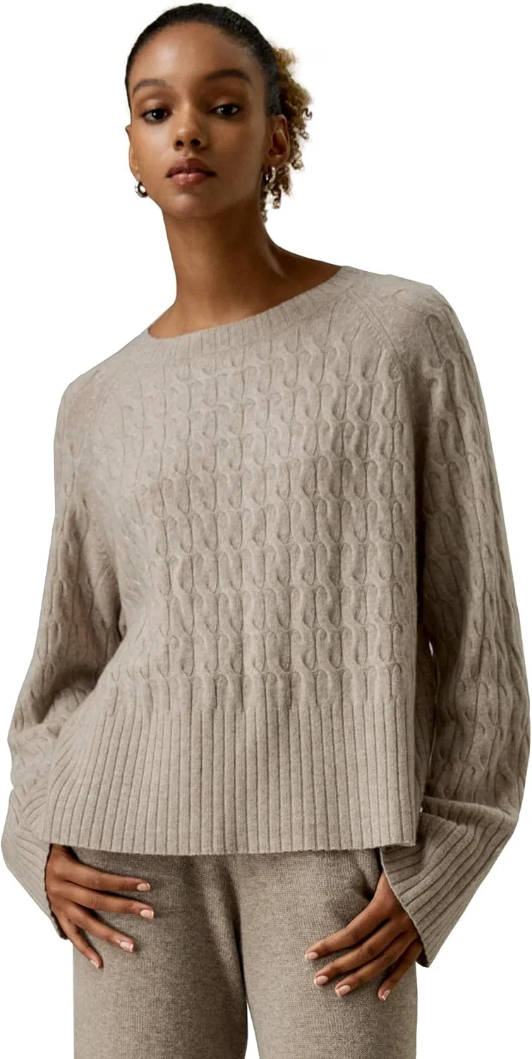 LilySilk 100% Baby Cashmere Cable Knit Sweater for Women Overisize Crew Neck Long Sleeves Pullover Jumper