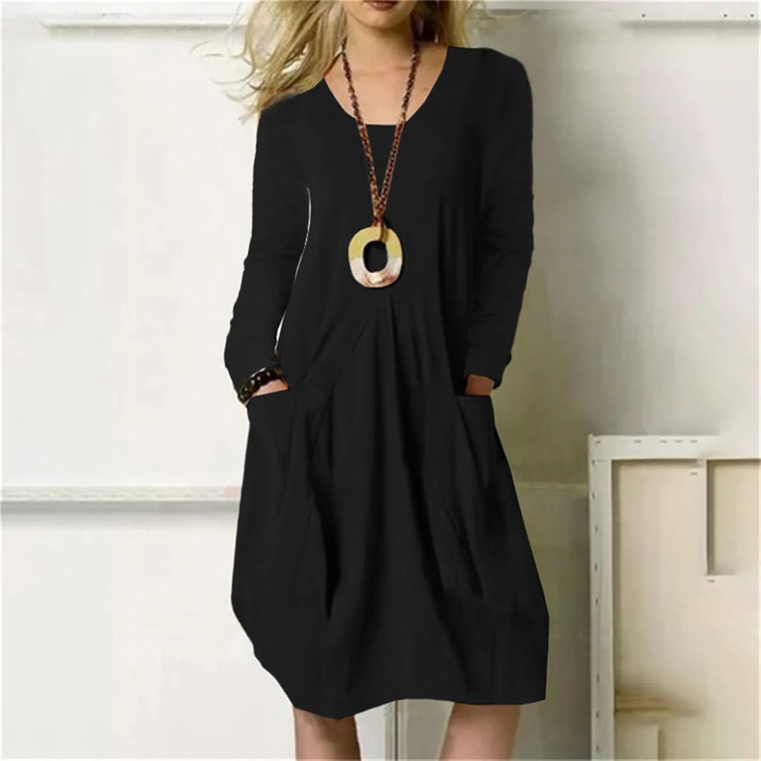 Linen Dress Women Summer Long Sleeve Round Neck A-line Casual T Shirts Dress Loose Solid Swing Dresses with Pockets