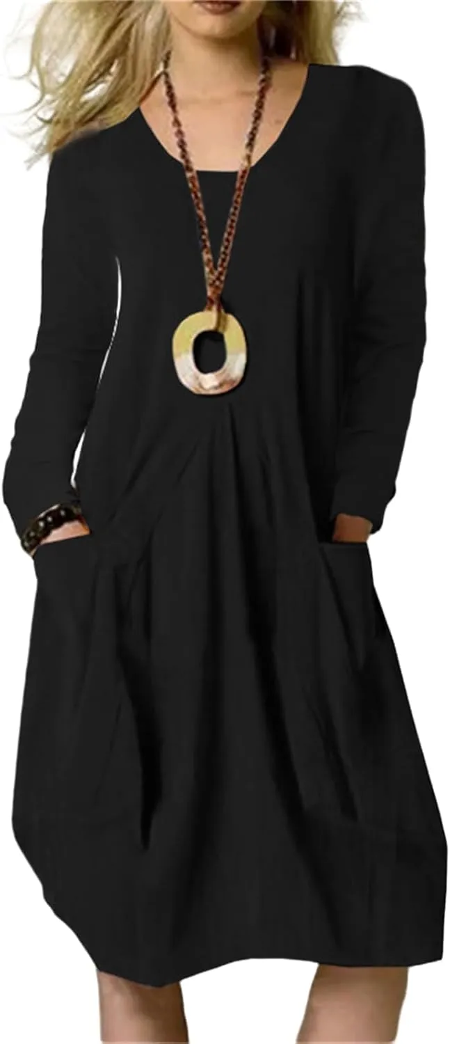 Linen Dress Women Summer Long Sleeve Round Neck A-line Casual T Shirts Dress Loose Solid Swing Dresses with Pockets