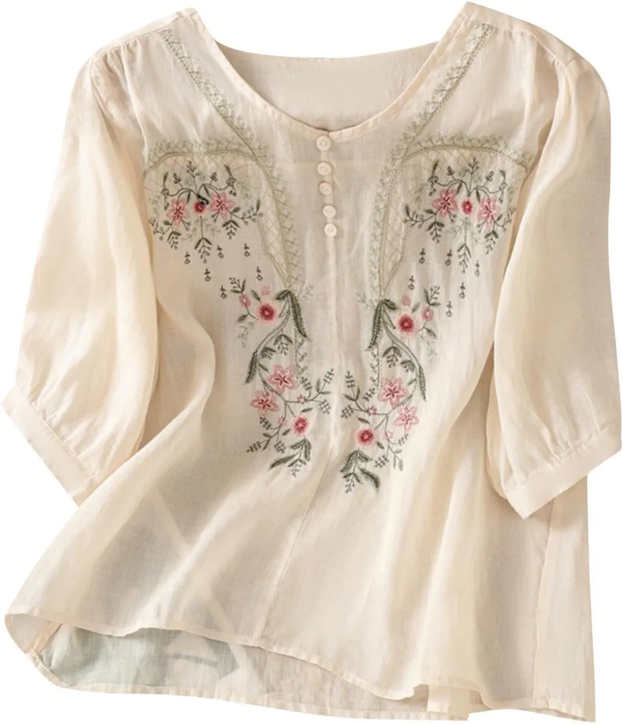 Linen Shirts for Women Summer Cotton Linen Floral Embroidered 3/4 Sleeve Tops Retro Boho Ethnic Peasant Tunic Tshirt