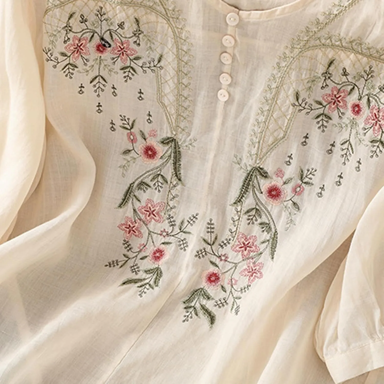 Linen Shirts for Women Summer Cotton Linen Floral Embroidered 3/4 Sleeve Tops Retro Boho Ethnic Peasant Tunic Tshirt