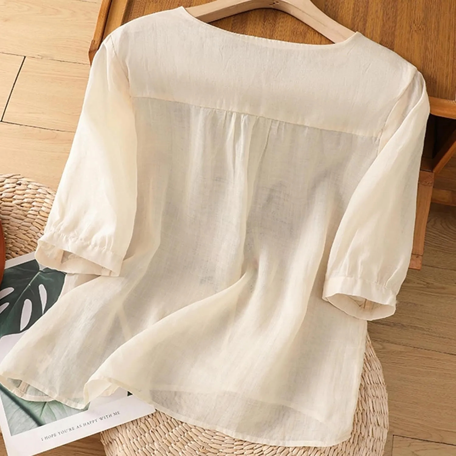 Linen Shirts for Women Summer Cotton Linen Floral Embroidered 3/4 Sleeve Tops Retro Boho Ethnic Peasant Tunic Tshirt