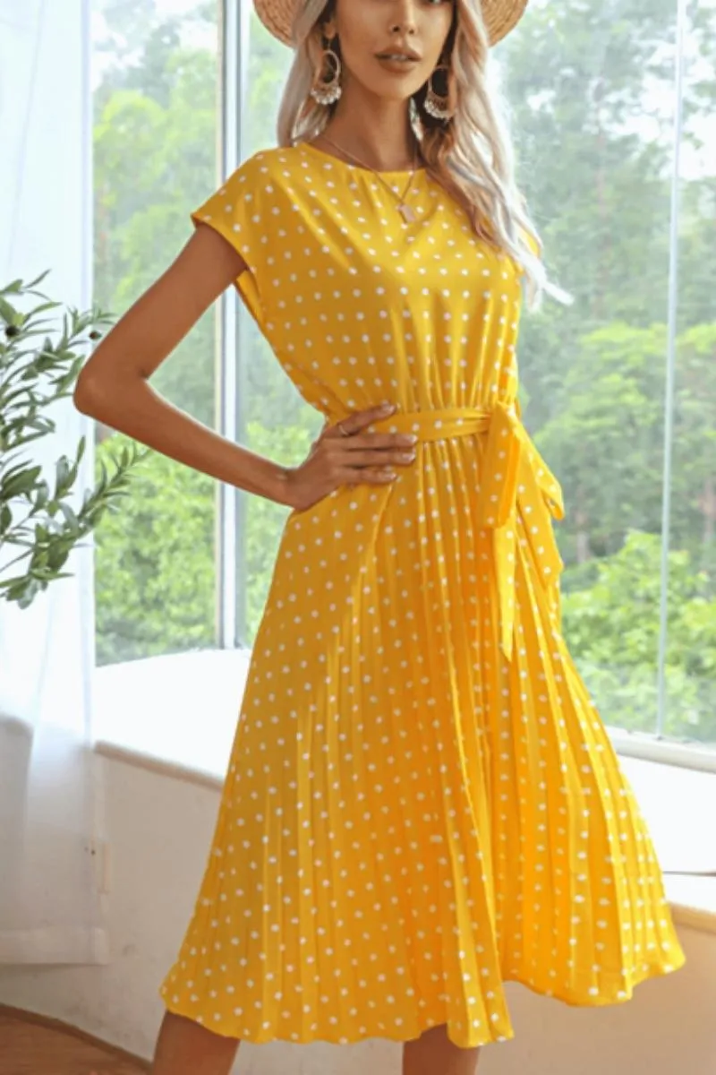Luexco Polka Dot Chiffon Pleated Dress High Waist