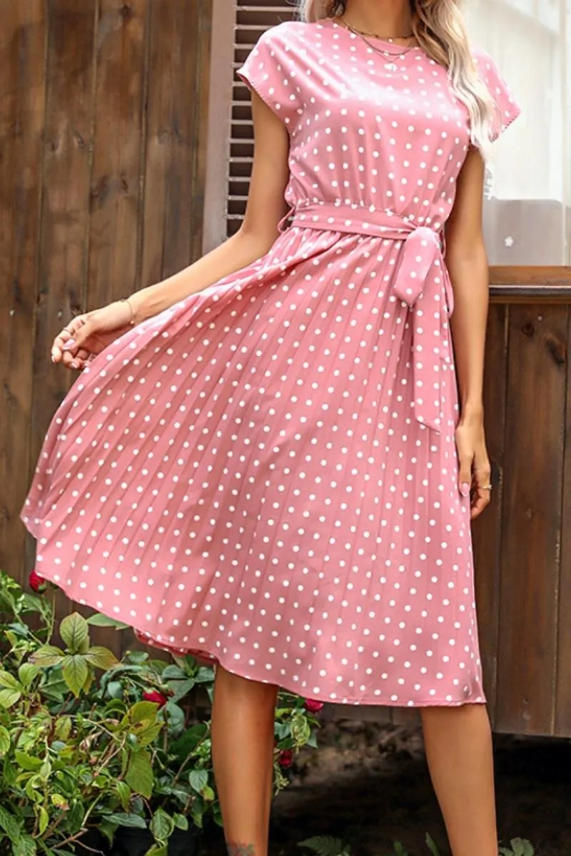 Luexco Polka Dot Chiffon Pleated Dress High Waist