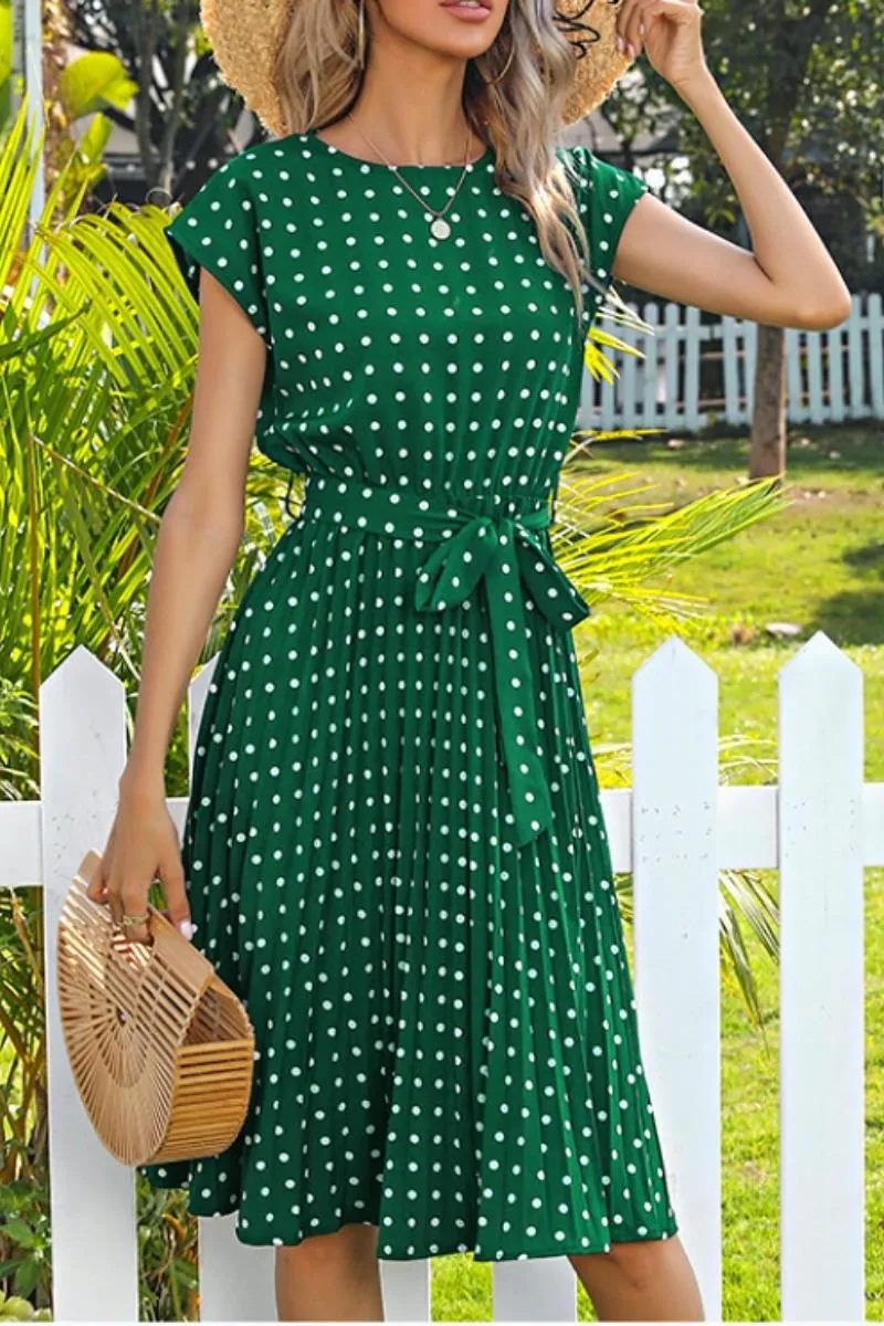 Luexco Polka Dot Chiffon Pleated Dress High Waist
