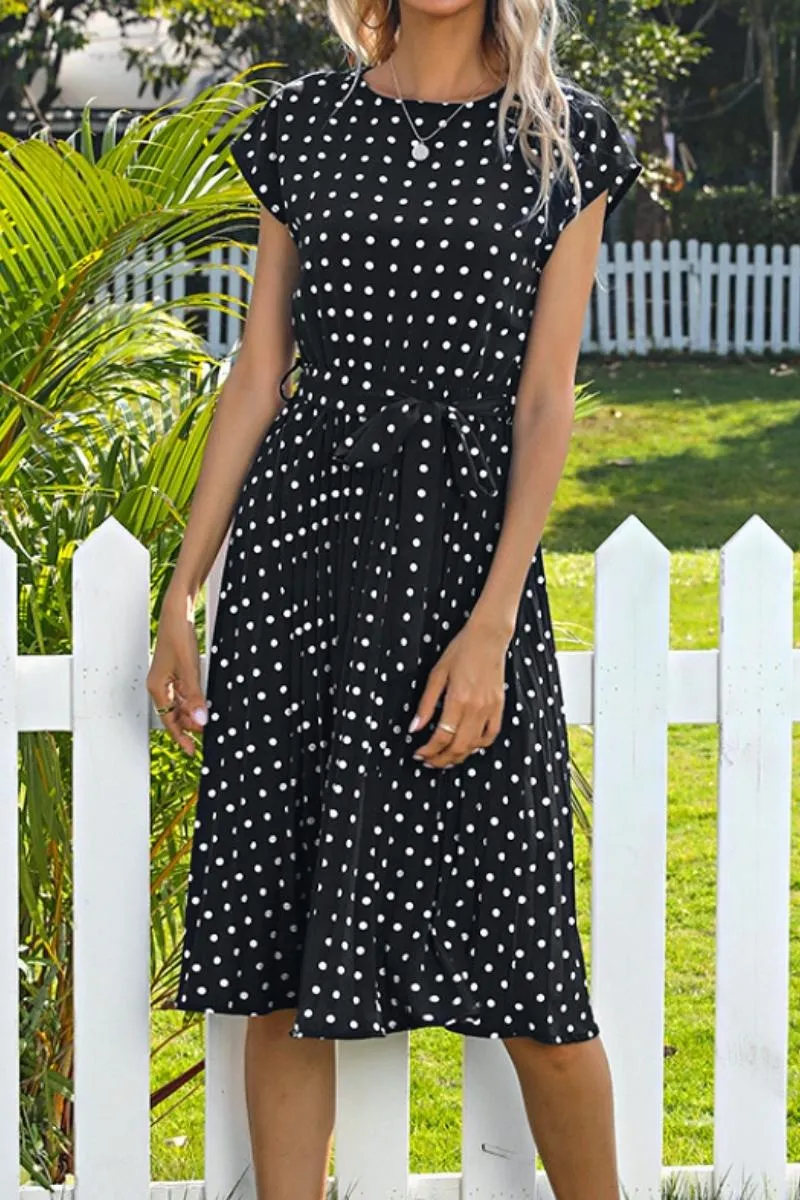 Luexco Polka Dot Chiffon Pleated Dress High Waist