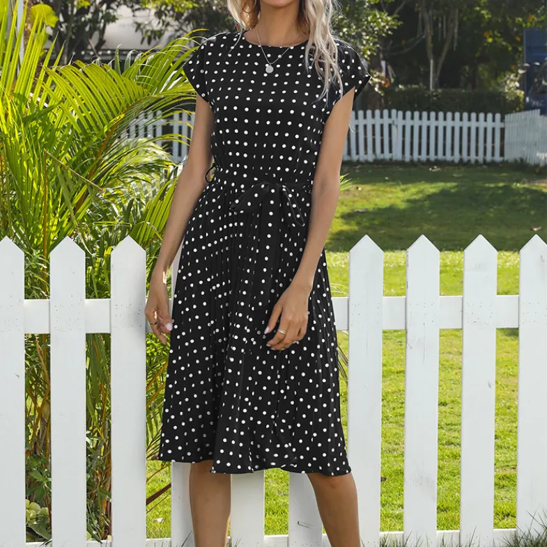 Luexco Polka Dot Chiffon Pleated Dress High Waist
