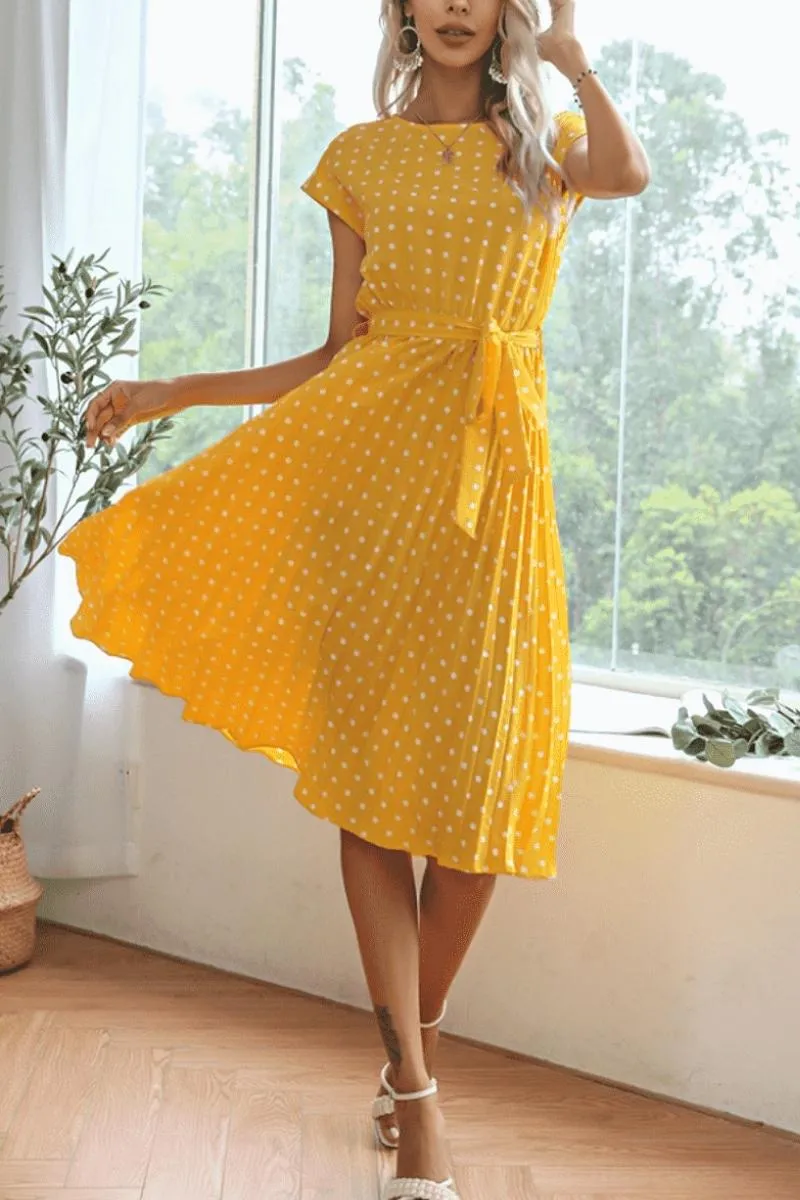 Luexco Polka Dot Chiffon Pleated Dress High Waist