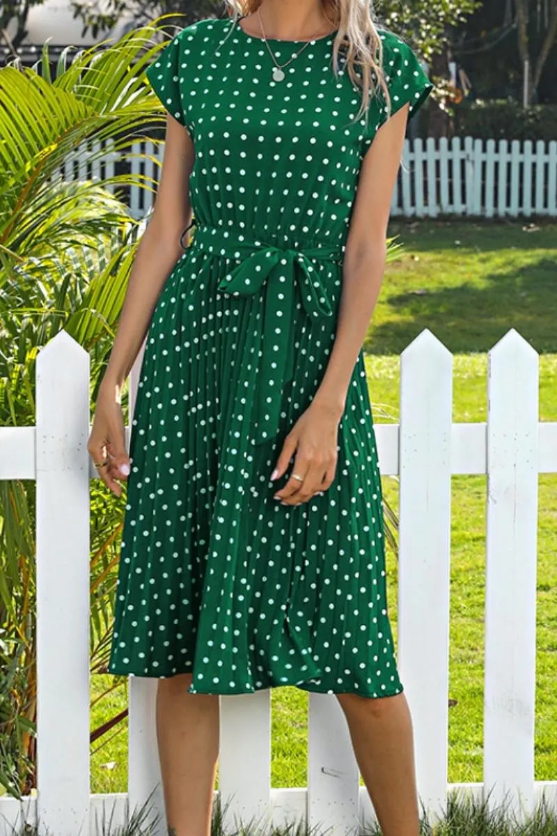 Luexco Polka Dot Chiffon Pleated Dress High Waist
