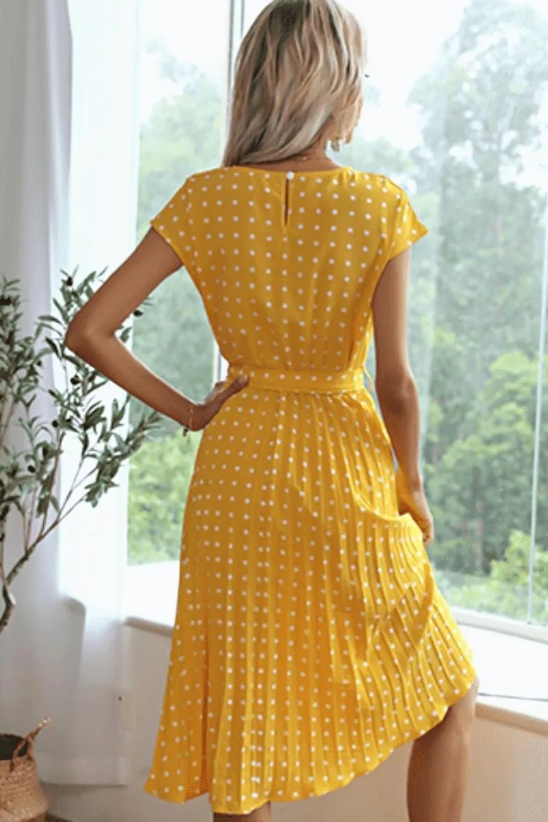 Luexco Polka Dot Chiffon Pleated Dress High Waist