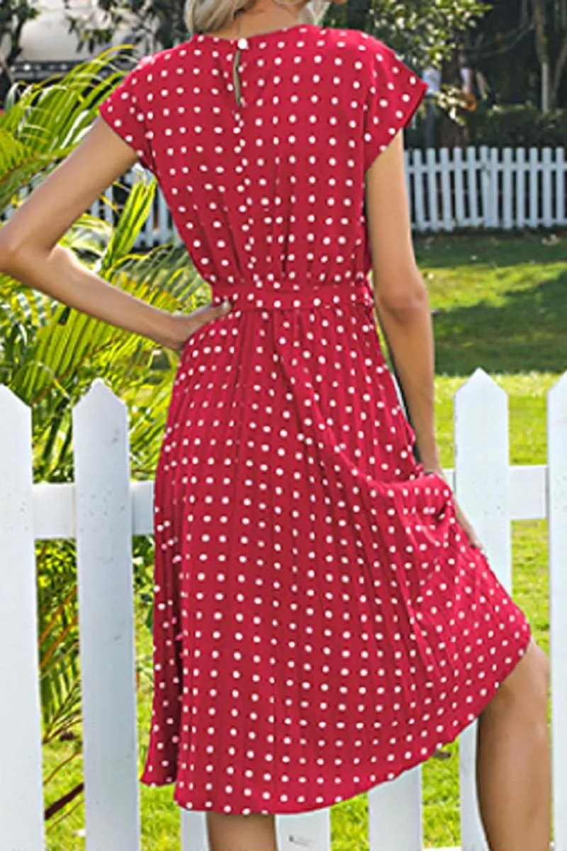 Luexco Polka Dot Chiffon Pleated Dress High Waist