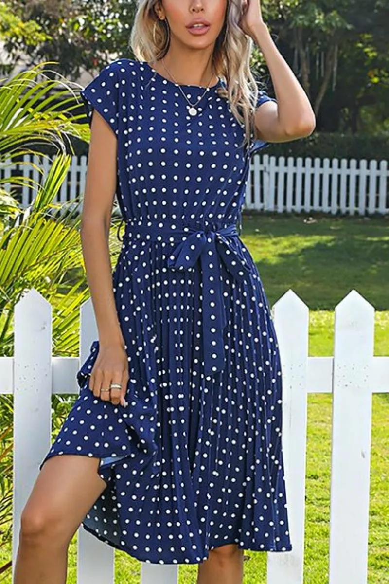 Luexco Polka Dot Chiffon Pleated Dress High Waist