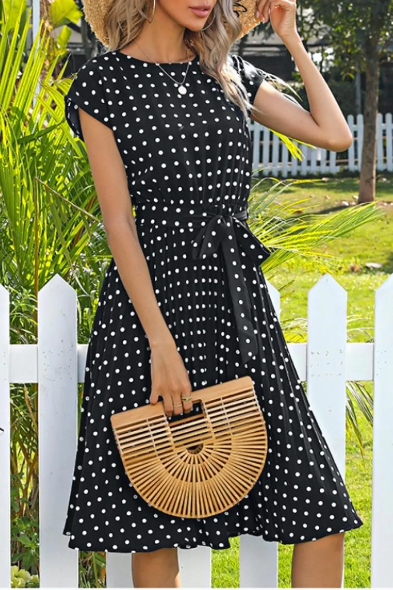 Luexco Polka Dot Chiffon Pleated Dress High Waist