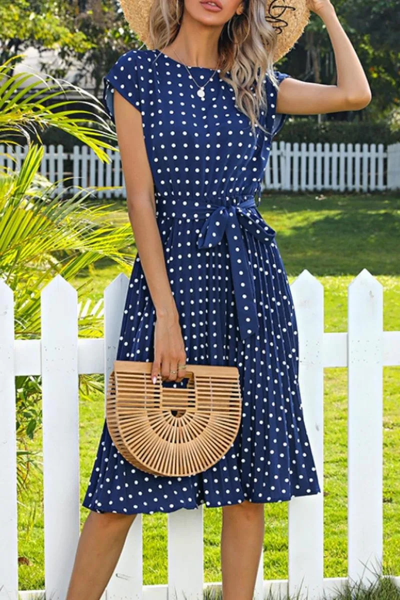 Luexco Polka Dot Chiffon Pleated Dress High Waist