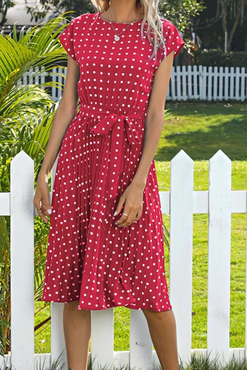 Luexco Polka Dot Chiffon Pleated Dress High Waist