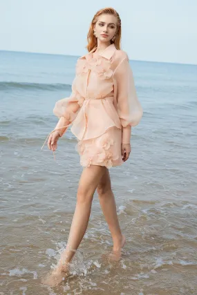 Medith A-line Flower Applique Silk Organza Mini Skirt