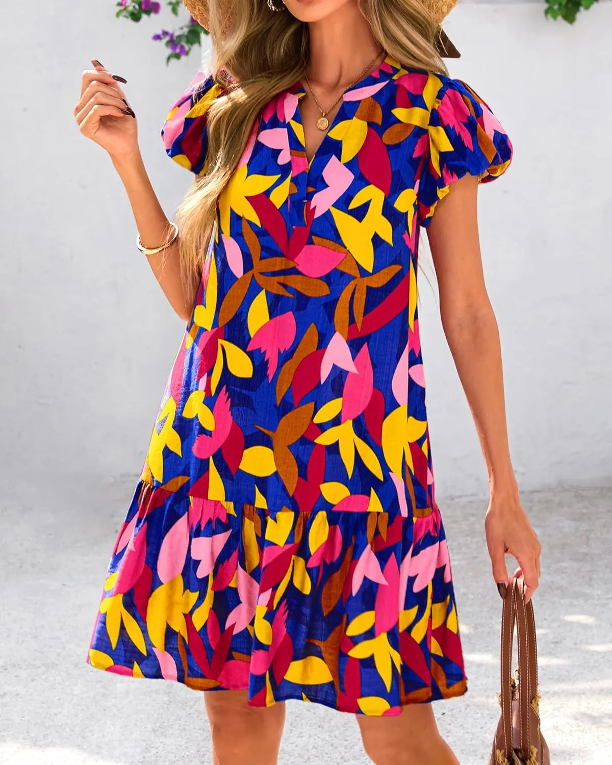 Melliflo Womens Summer Casual Mini Dresses V Neck Tiered Floral Print Boho Mini Babydoll Dress 2025 Beach Vacation Sundress