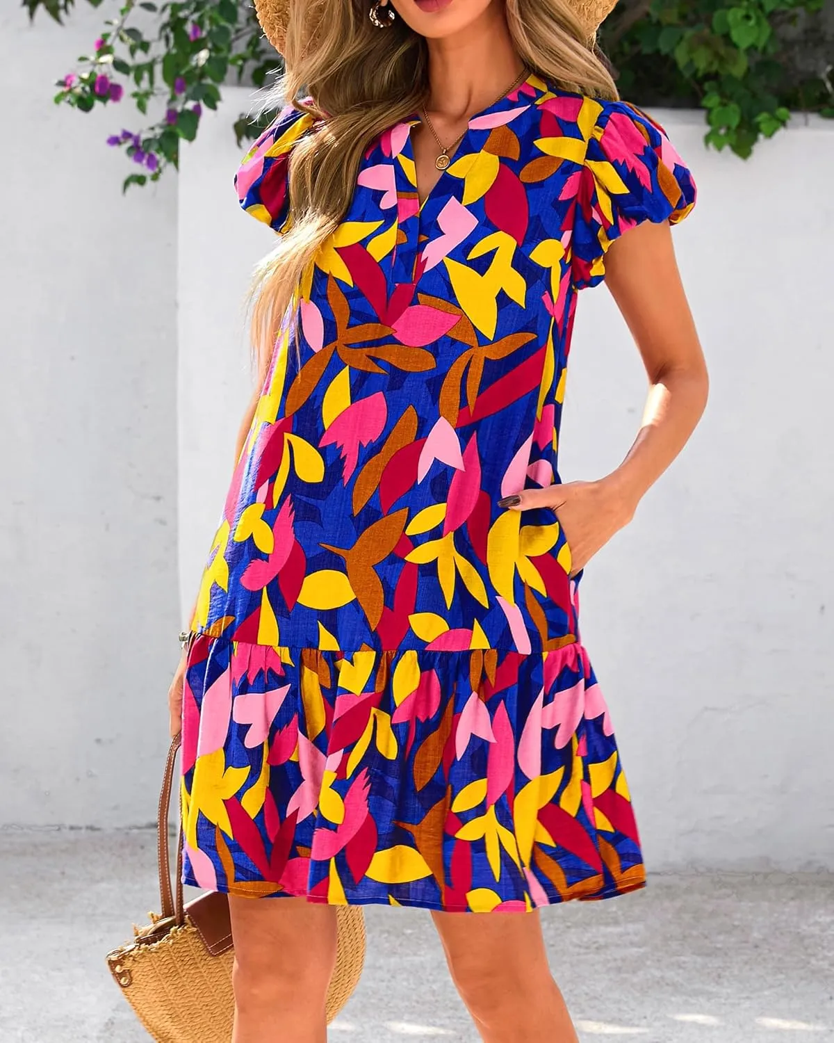 Melliflo Womens Summer Casual Mini Dresses V Neck Tiered Floral Print Boho Mini Babydoll Dress 2025 Beach Vacation Sundress