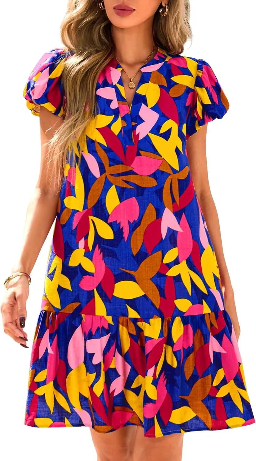 Melliflo Womens Summer Casual Mini Dresses V Neck Tiered Floral Print Boho Mini Babydoll Dress 2025 Beach Vacation Sundress