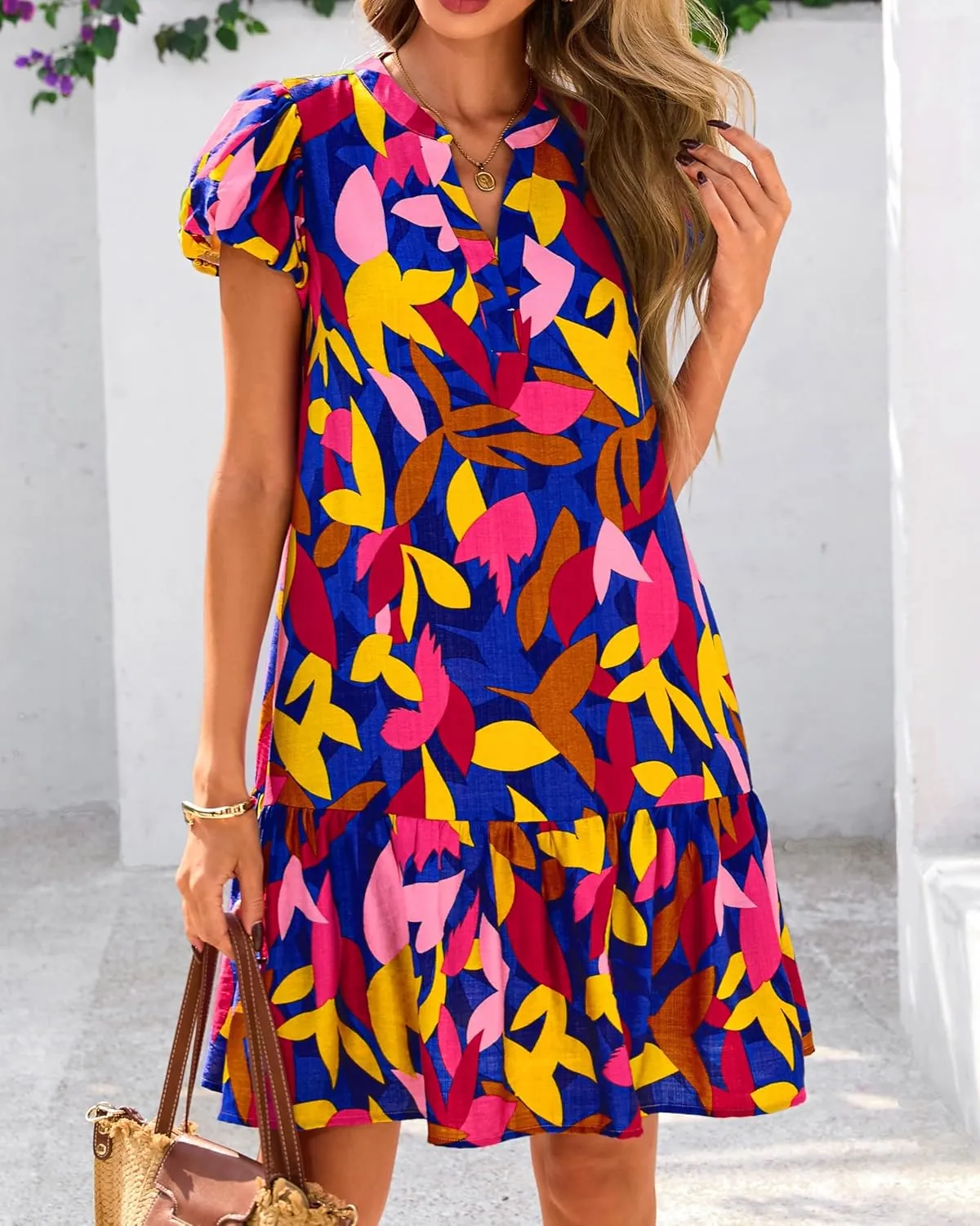 Melliflo Womens Summer Casual Mini Dresses V Neck Tiered Floral Print Boho Mini Babydoll Dress 2025 Beach Vacation Sundress
