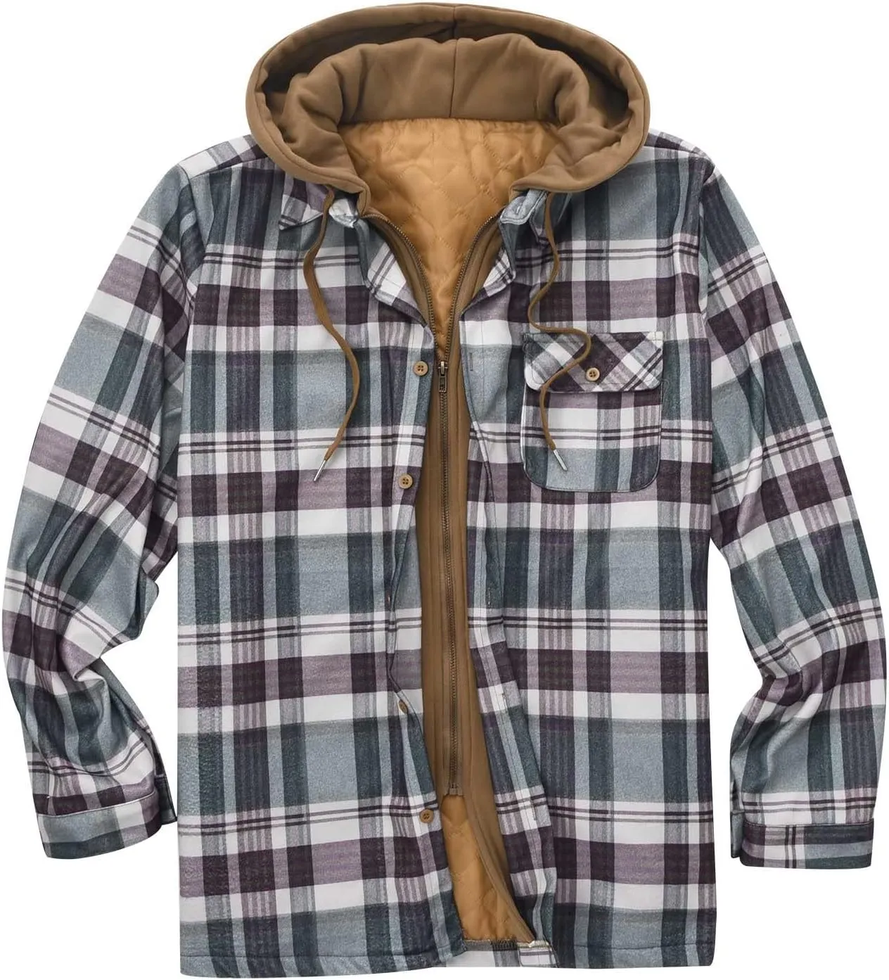 Men's Quilted Lined Hooded Shirt Jacket, Soft Long Sleeve Outdoor Plaid Shirt Jackets Drawstring Zipper Classic Coats