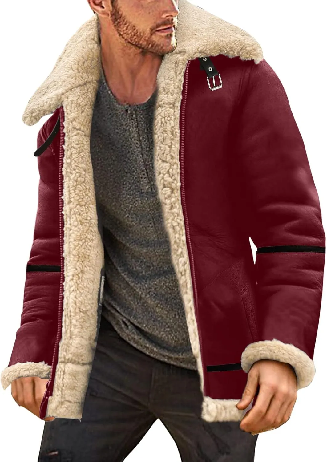 Men's Shearling Sheepskin Jacket Sherpa Fleece Lined Fur Collar Zip Up Bomber Jacket Casual Soft Comfy Thermal Coats