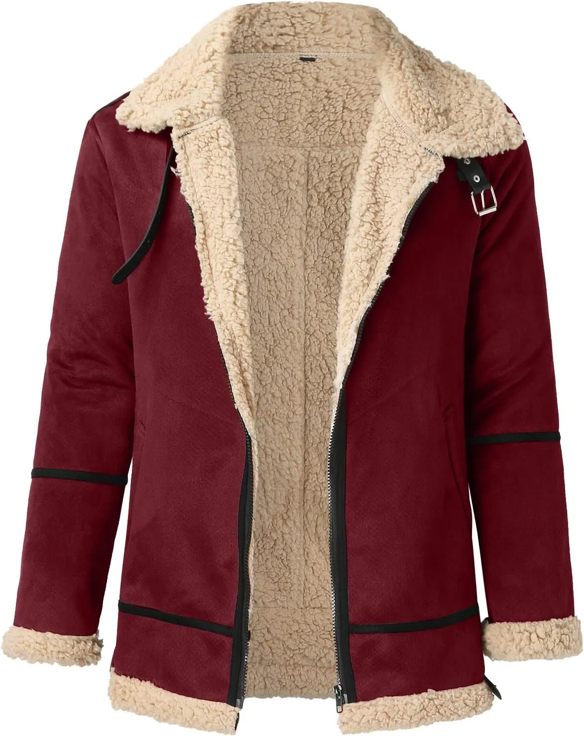 Men's Shearling Sheepskin Jacket Sherpa Fleece Lined Fur Collar Zip Up Bomber Jacket Casual Soft Comfy Thermal Coats