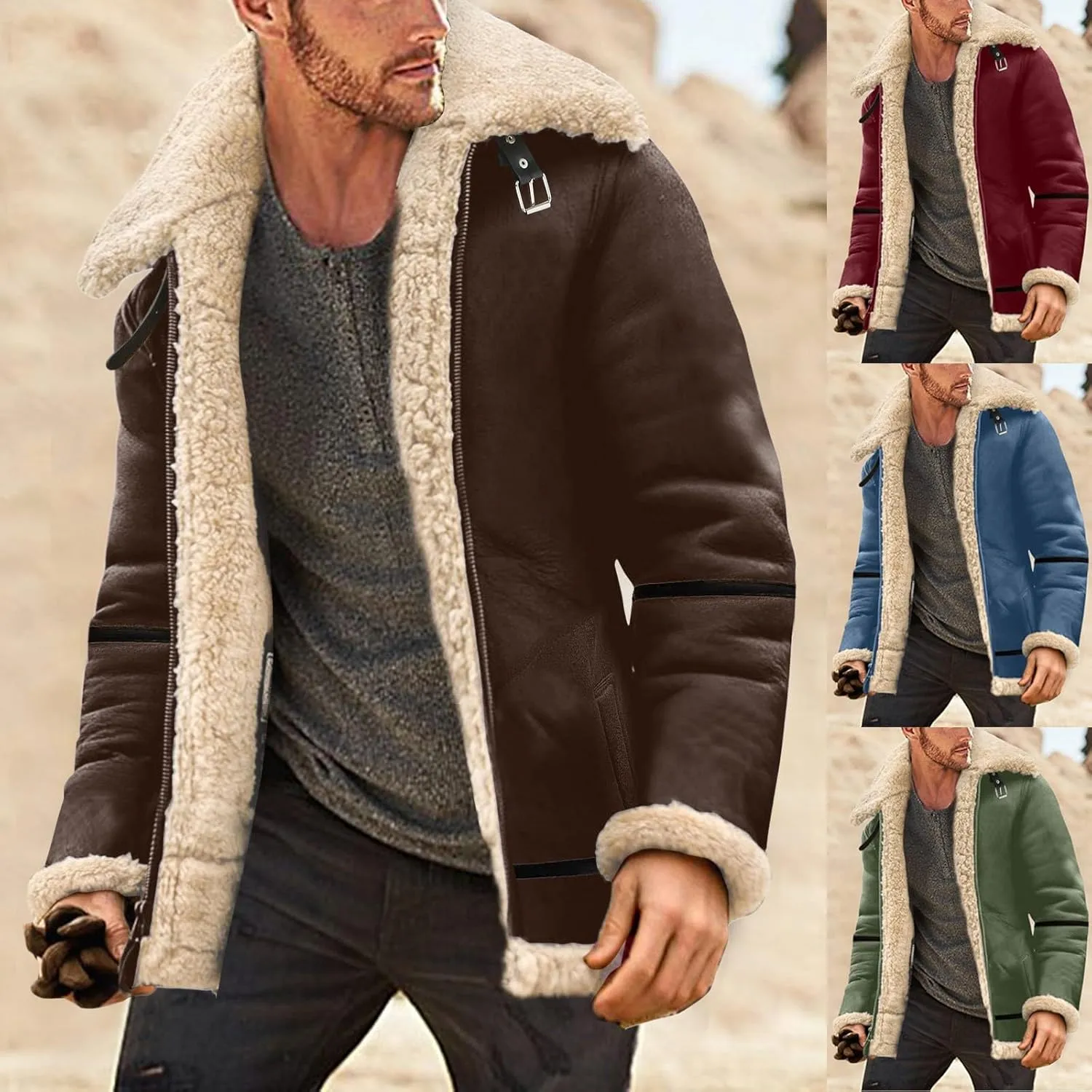 Men's Shearling Sheepskin Jacket Sherpa Fleece Lined Fur Collar Zip Up Bomber Jacket Casual Soft Comfy Thermal Coats