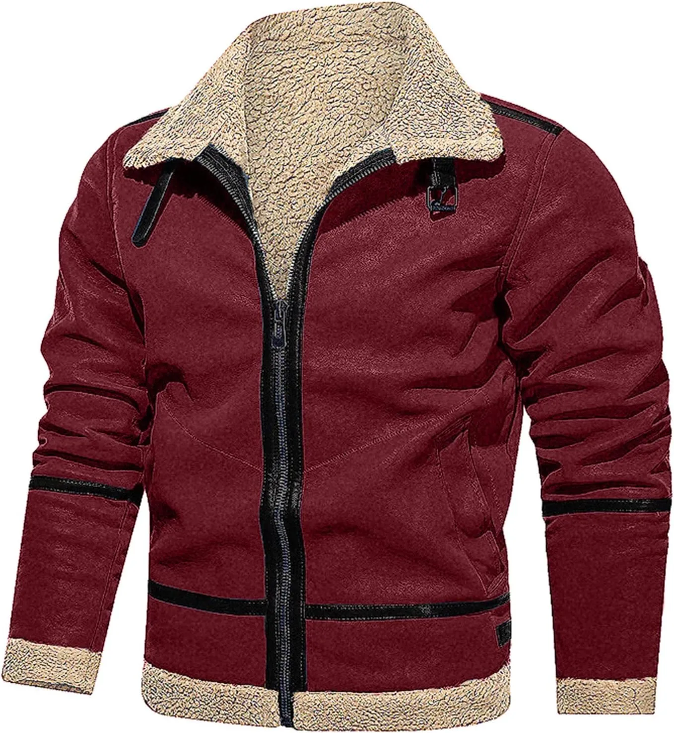 Men's Shearling Sheepskin Jacket Sherpa Fleece Lined Fur Collar Zip Up Bomber Jacket Casual Soft Comfy Thermal Coats