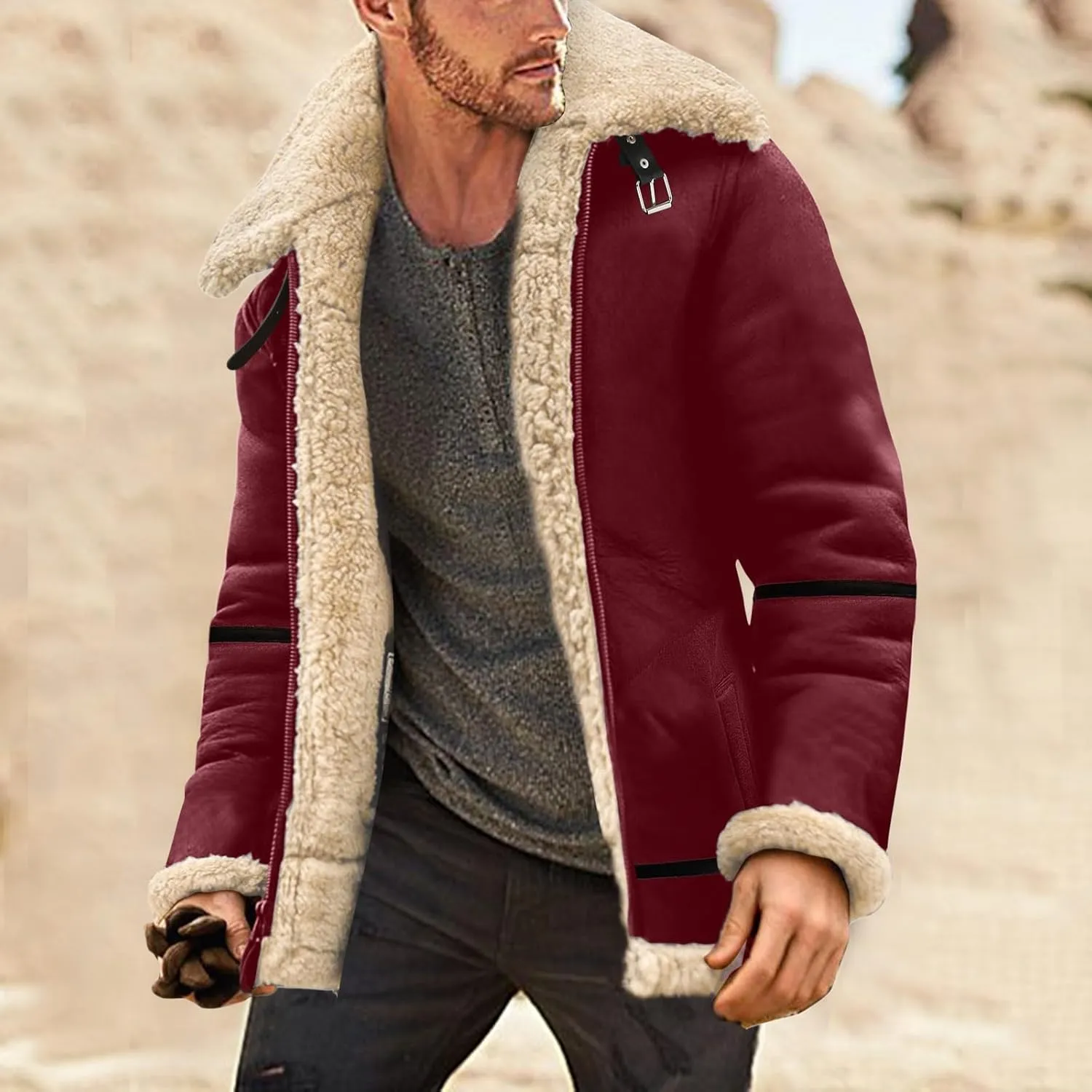 Men's Shearling Sheepskin Jacket Sherpa Fleece Lined Fur Collar Zip Up Bomber Jacket Casual Soft Comfy Thermal Coats