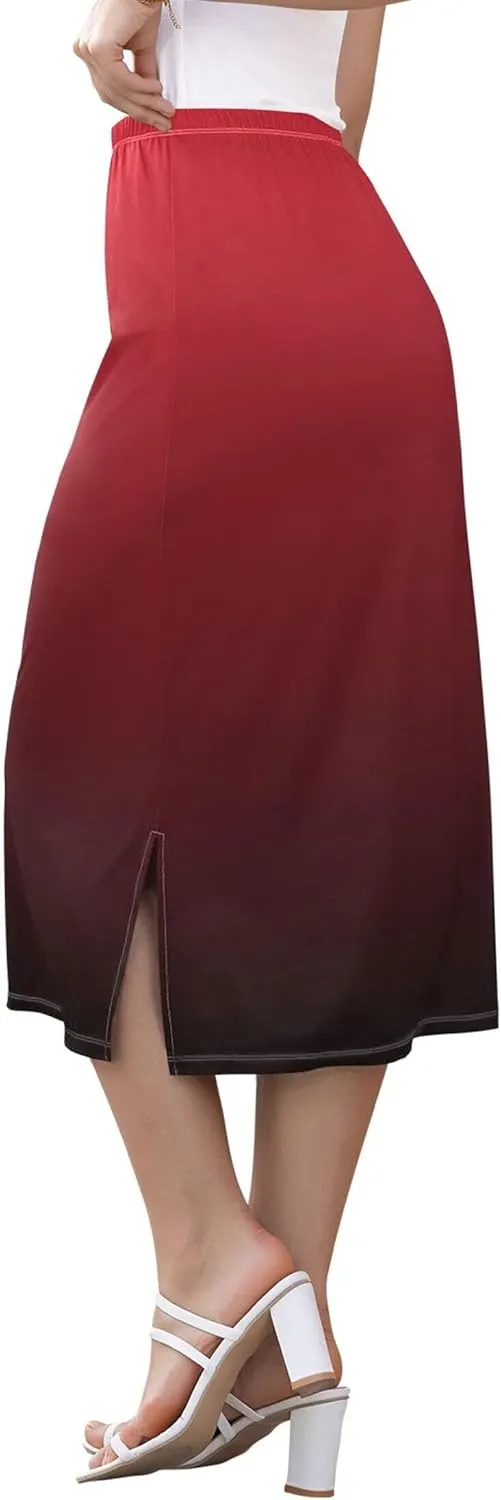 Ombre Blue Midi Skirt Slit Womens Floral Mid Calf Skirt High Waist Stretch Summer Skirt S