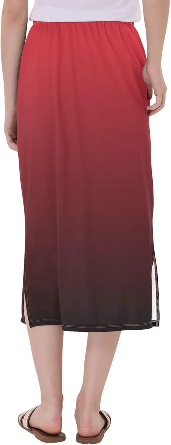 Ombre Blue Midi Skirt Slit Womens Floral Mid Calf Skirt High Waist Stretch Summer Skirt S